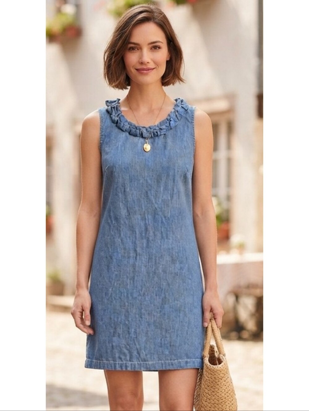 Talbots Chambray Ruffle Collar Sleeveless Shift Dress Blue Size 4P